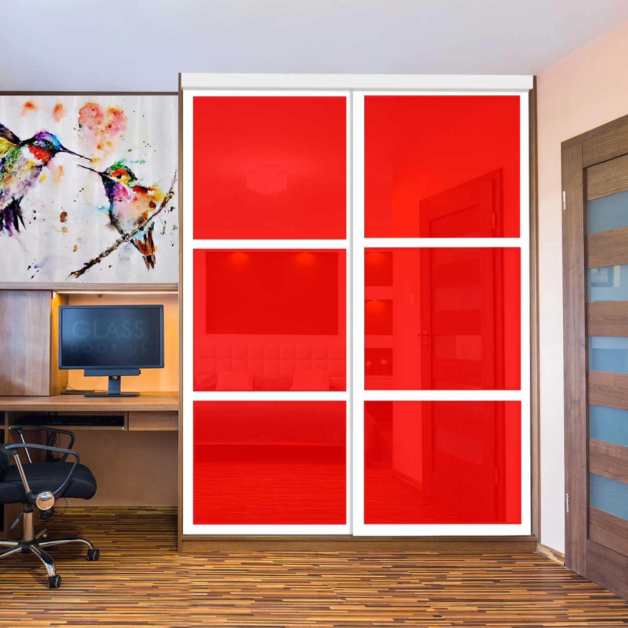 Puerta De Armario Con Vidrio Pintado Rojo Y Espejo Insertado 2 Paneles BMSC -1178