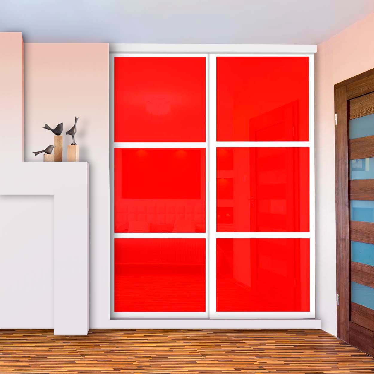 Puerta De Clóset De 2 Hojas - Vidrio Pintado Rojo y Espejo BMSC-1363