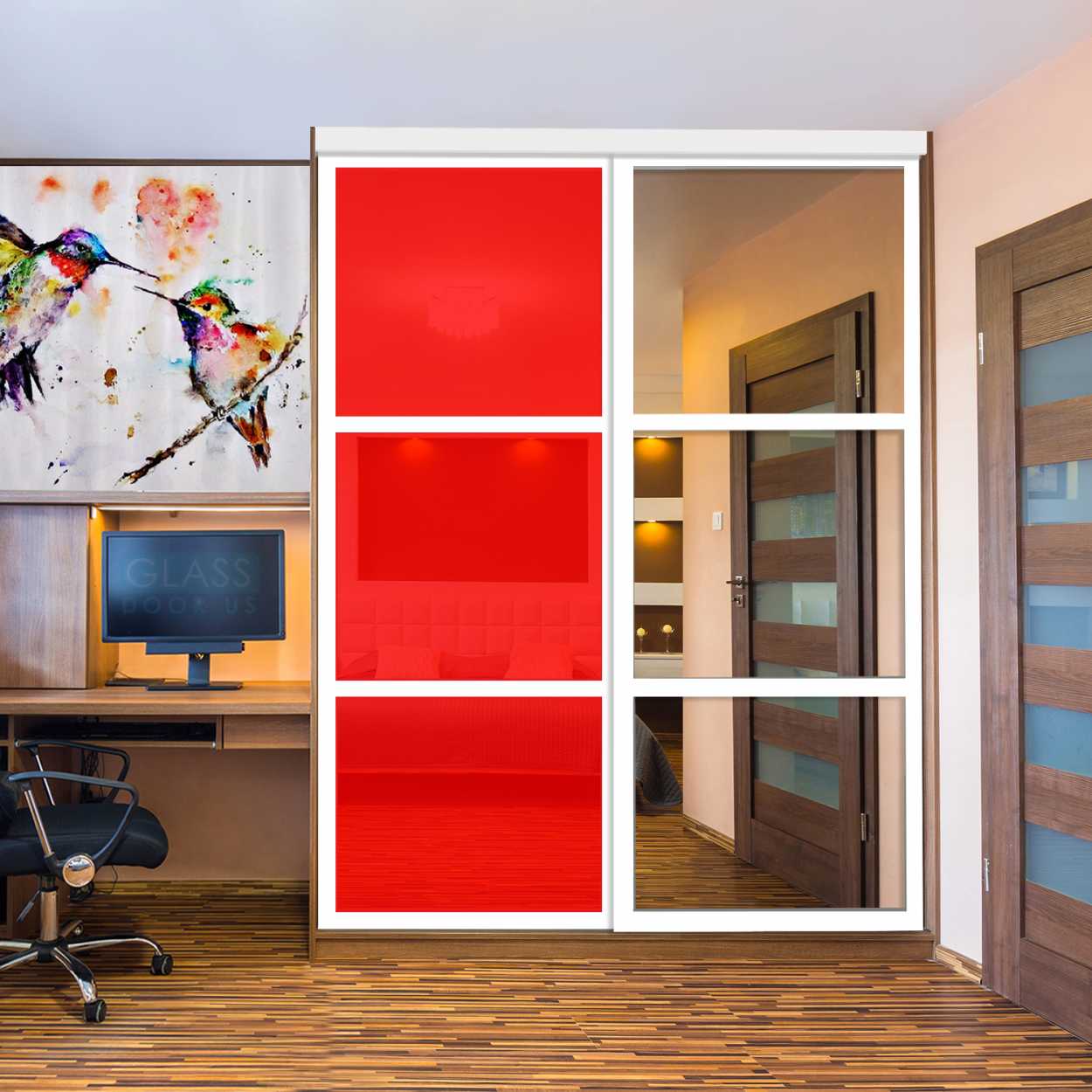 Puerta De Armario Con Vidrio Pintado Rojo Y Espejo Insertado 2 Paneles BMSC -1178