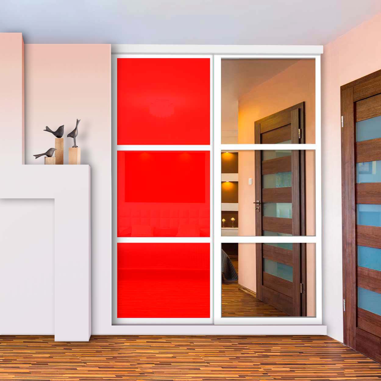 Puerta De Clóset De 2 Hojas - Vidrio Pintado Rojo y Espejo BMSC-1363