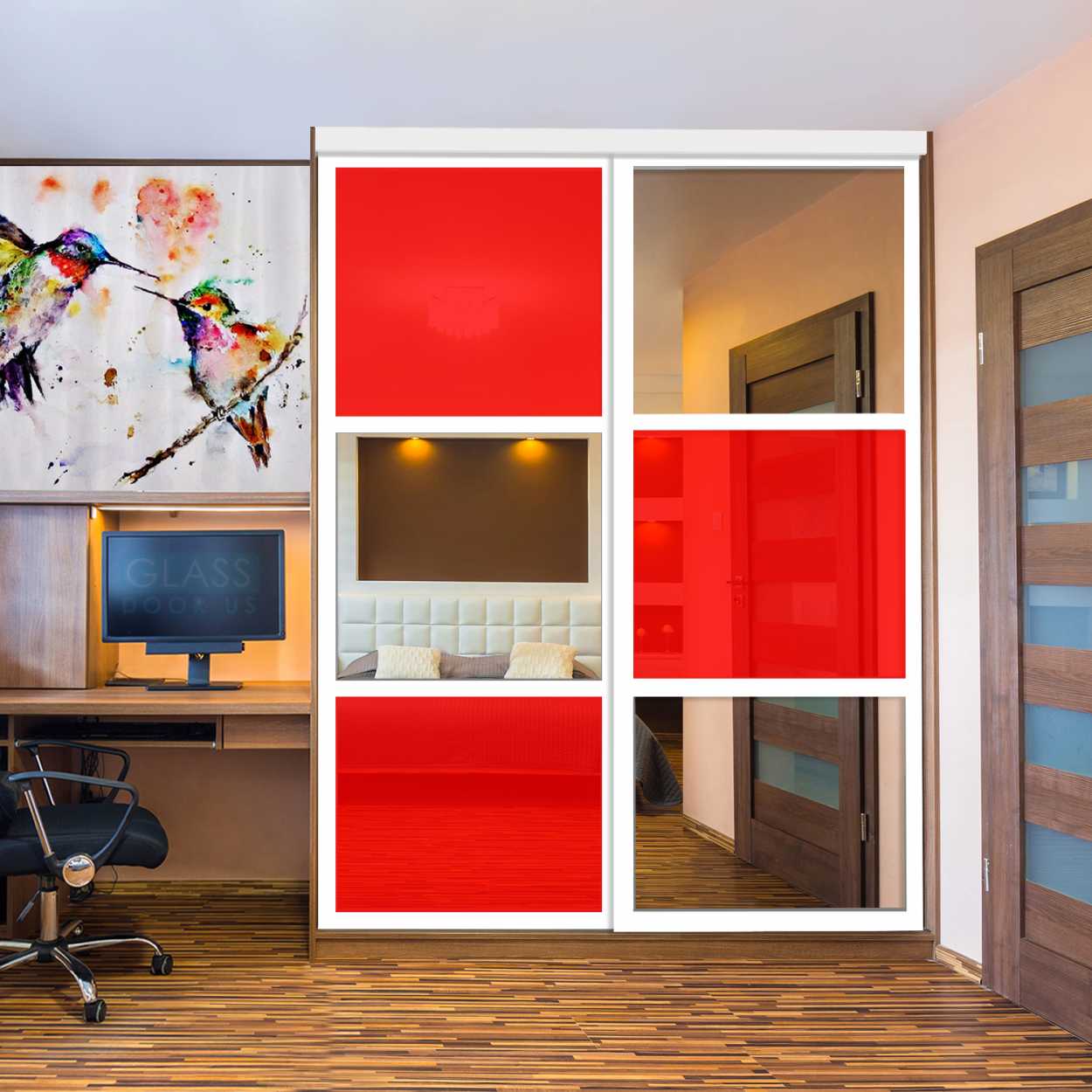 Puerta De Armario Con Vidrio Pintado Rojo Y Espejo Insertado 2 Paneles BMSC -1178