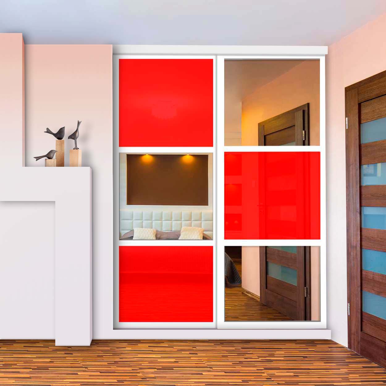 Puerta De Clóset De 2 Hojas - Vidrio Pintado Rojo y Espejo BMSC-1363