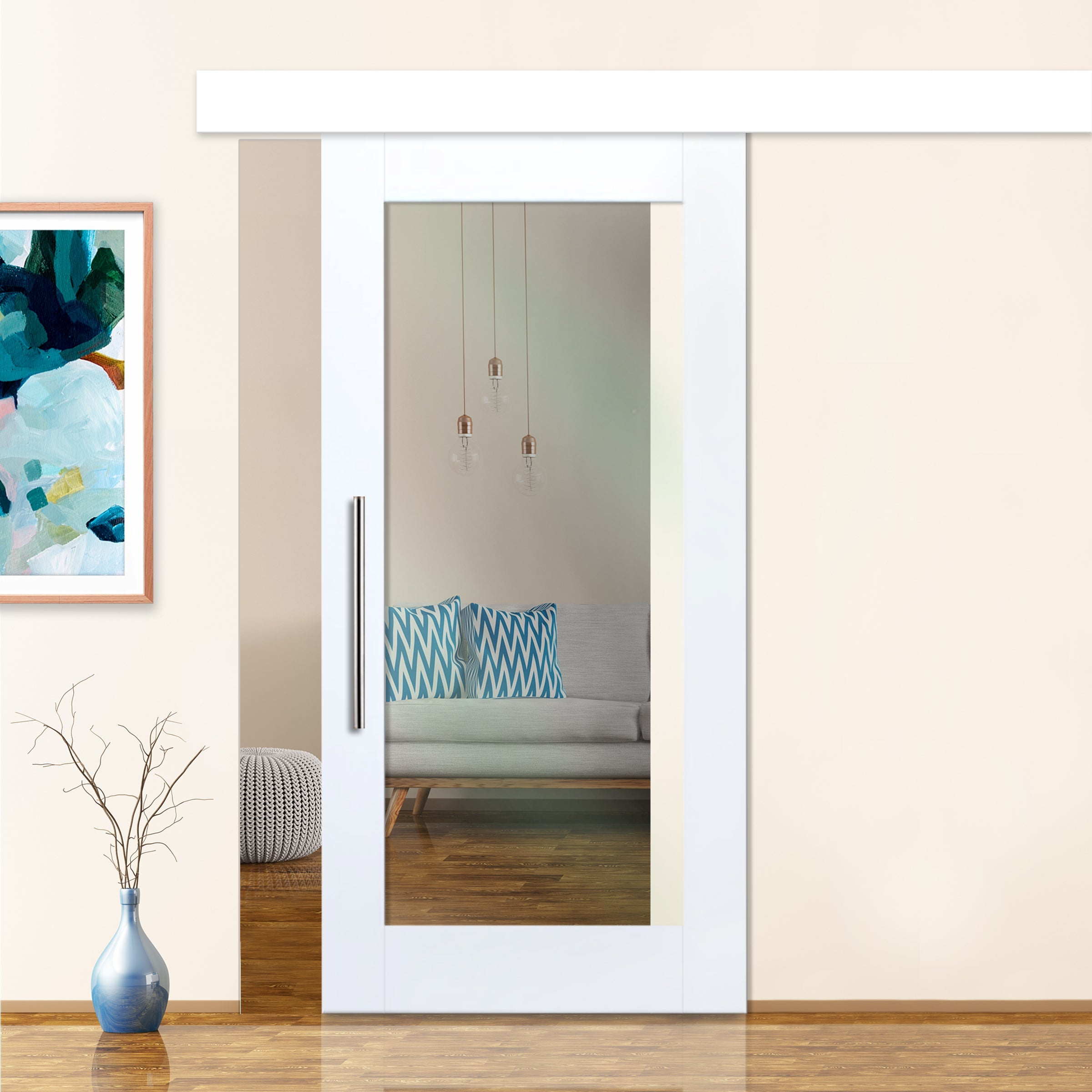 Puerta Corrediza De Madera En Blanco Vidrio Transparente PCGI-2559