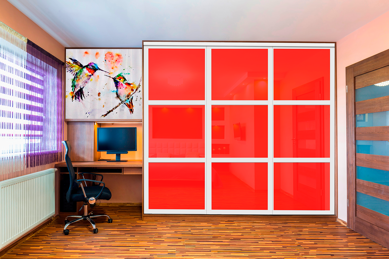 PUERTA DE CLÓSET DE 3 HOJAS - CRISTAL PINTADO ROJO Y NEGRO