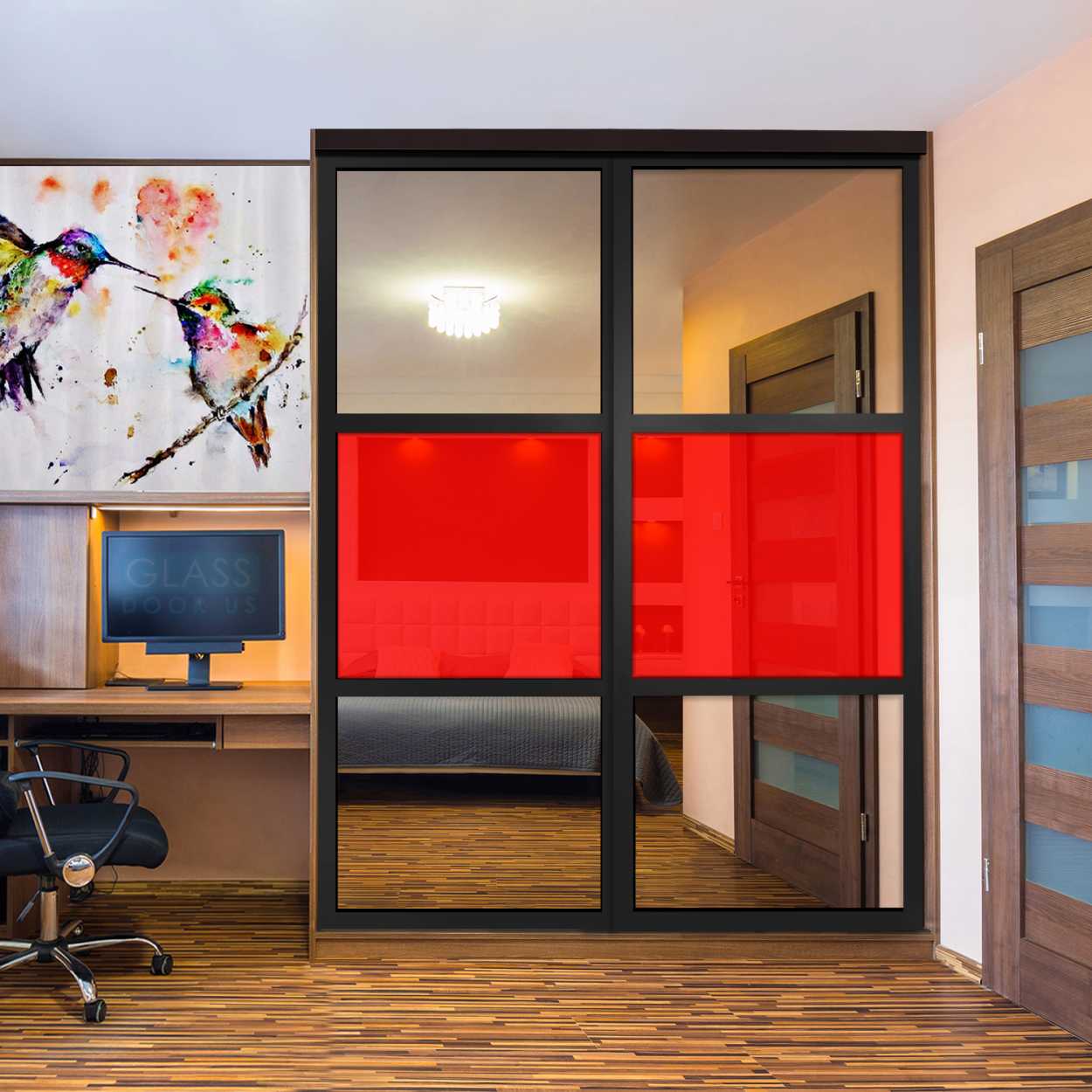 Puerta De Armario Con Vidrio Pintado Rojo Y Espejo Insertado 2 Paneles BMSC -1178