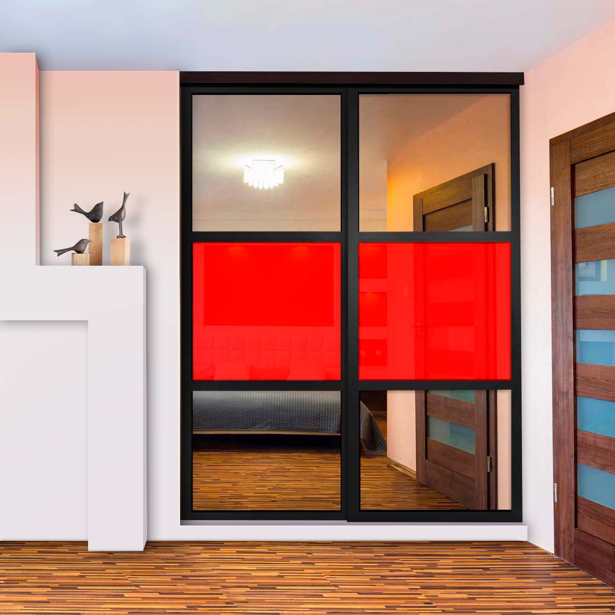 Puerta De Clóset De 2 Hojas - Vidrio Pintado Rojo y Espejo BMSC-1363