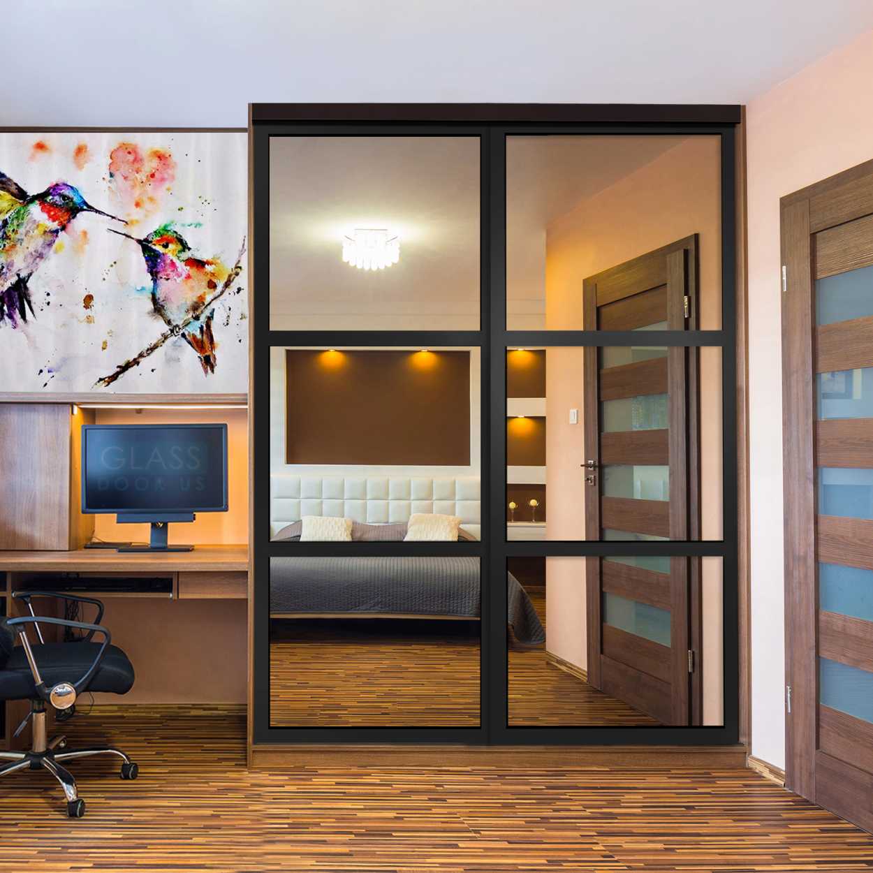 Puerta De Armario Con Vidrio Pintado Blanco Y Espejo Insertado 2 Paneles BMSC-1179