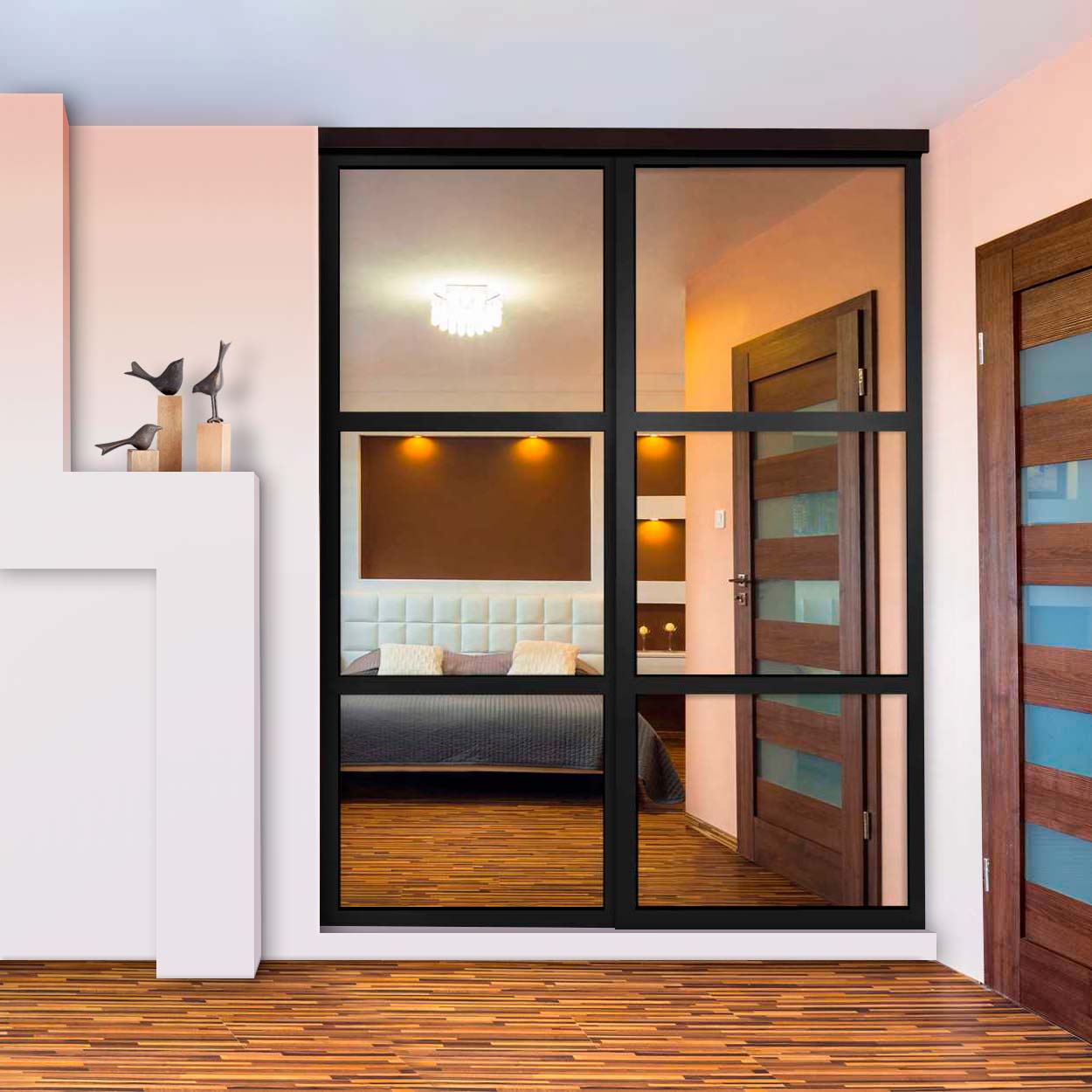 Puerta De Closet  Con 2 Paneles - Vidrio Pintado Negro Y Espejo BMSC-2137