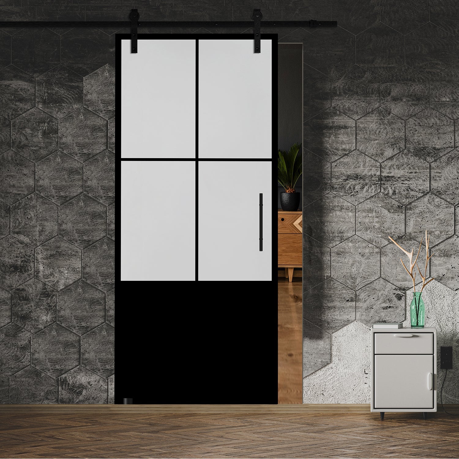 Puerta Corrediza De Vidrio Estilo Industrial Sin Marco ISB - 0004