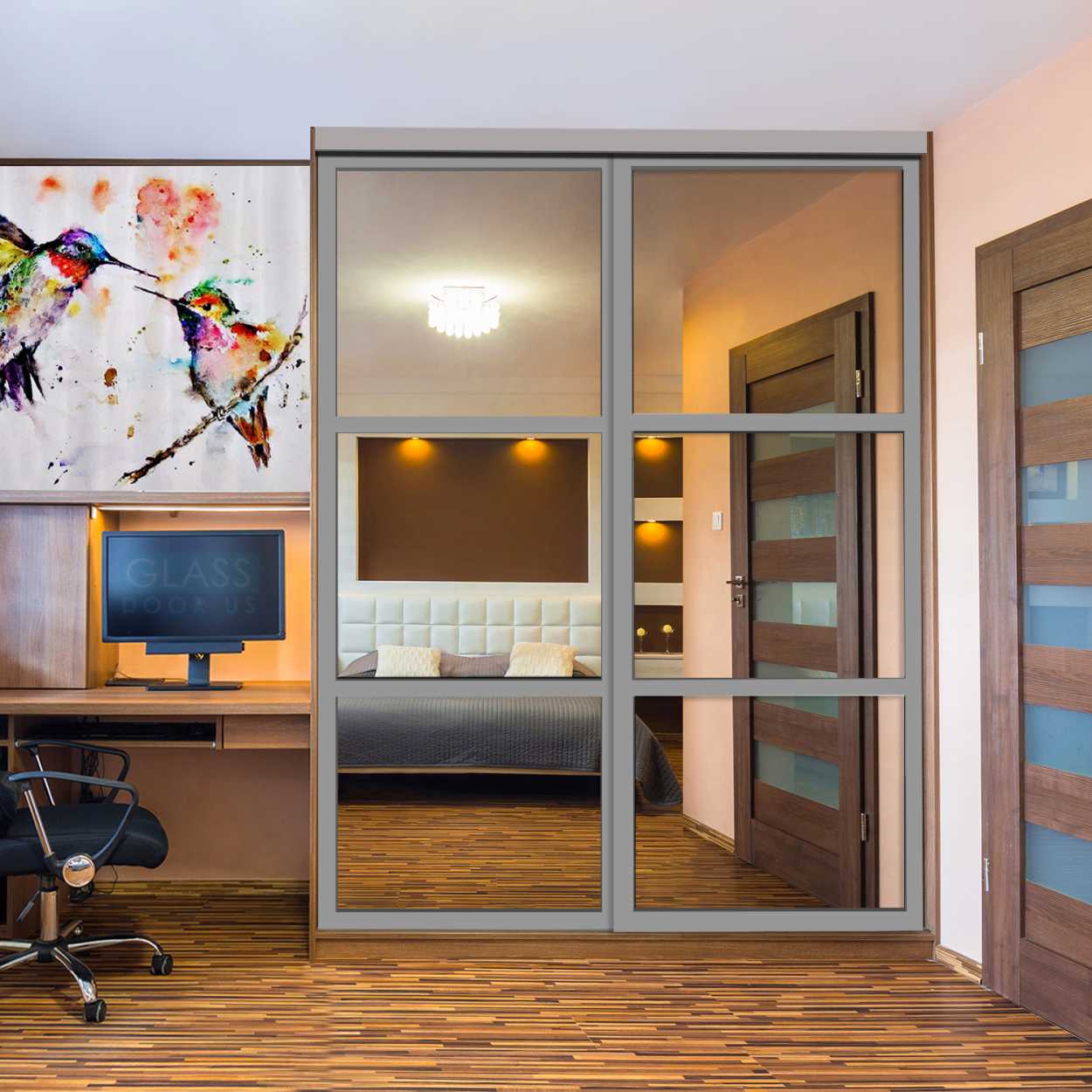 Puerta De Armario Con Vidrio Pintado Blanco Y Espejo Insertado 2 Paneles BMSC-1179