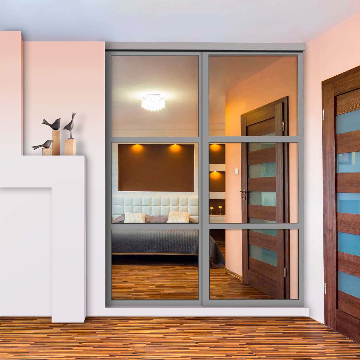 Puerta De Clóset Con 2 Paneles - Blanco y Vidrio Pintado Espejo BMSC-1181