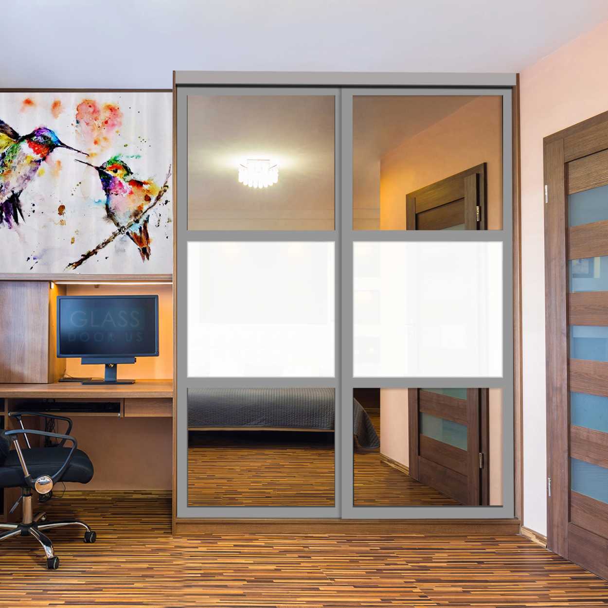 Puerta De Armario Con Vidrio Pintado Blanco Y Espejo Insertado 2 Paneles BMSC-1179