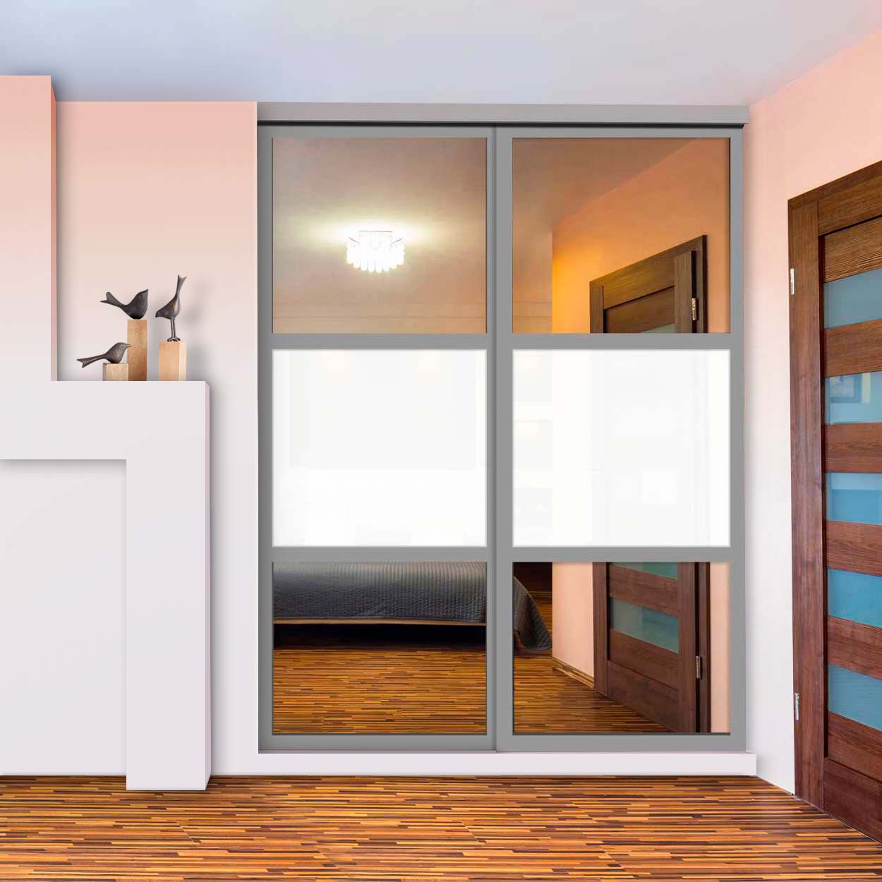 Puerta De Clóset Con 2 Paneles - Blanco y Vidrio Pintado Espejo BMSC-1181