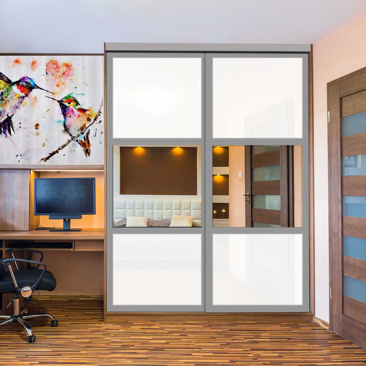 Puerta De Armario Con Vidrio Pintado Blanco Y Espejo Insertado 2 Paneles BMSC-1179