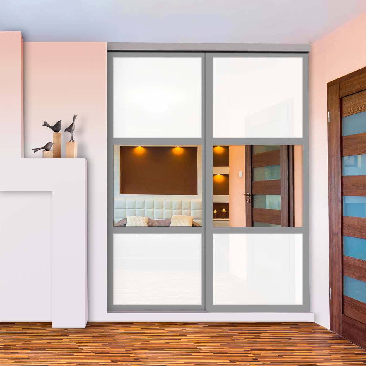 Puerta De Clóset Con 2 Paneles - Blanco y Vidrio Pintado Espejo BMSC-1181