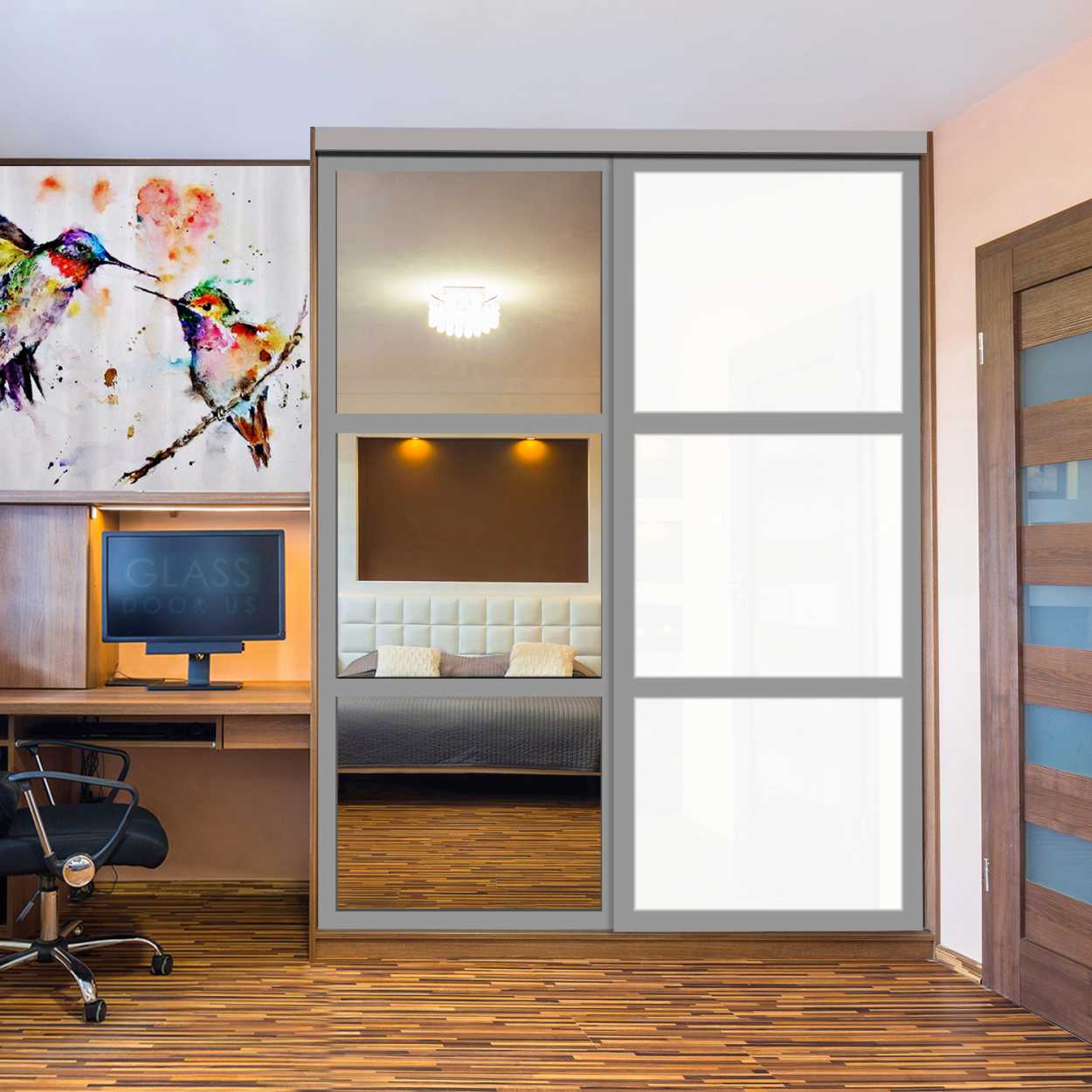 Puerta De Armario Con Vidrio Pintado Blanco Y Espejo Insertado 2 Paneles BMSC-1179