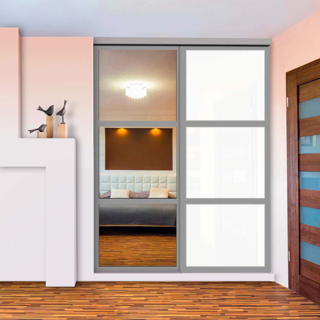 Puerta De Clóset Con 2 Paneles - Blanco y Vidrio Pintado Espejo BMSC-1181