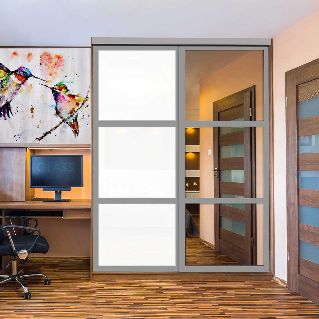 Puerta De Armario Con Vidrio Pintado Blanco Y Espejo Insertado 2 Paneles BMSC-1179