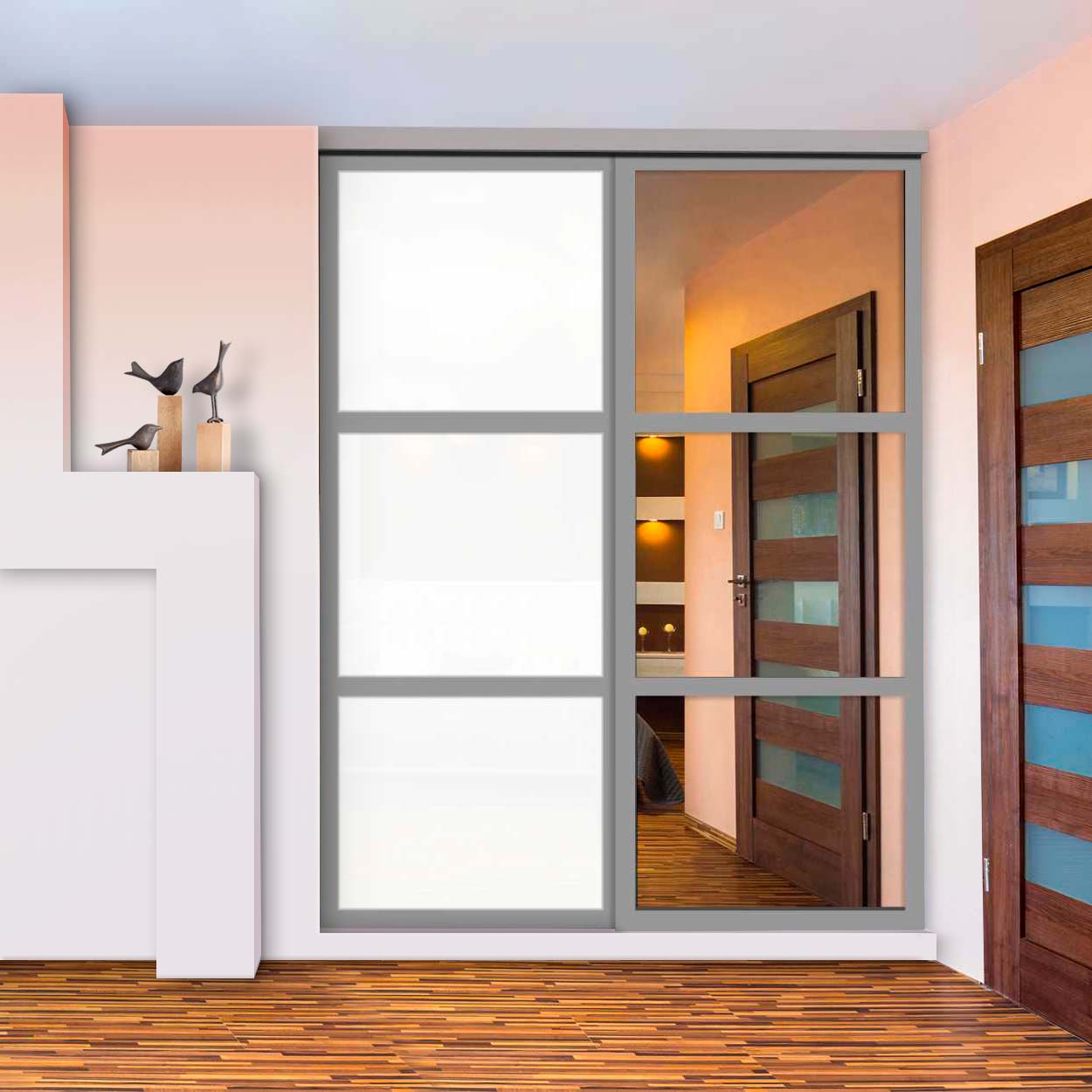 Puerta De Clóset Con 2 Paneles - Blanco y Vidrio Pintado Espejo BMSC-1181