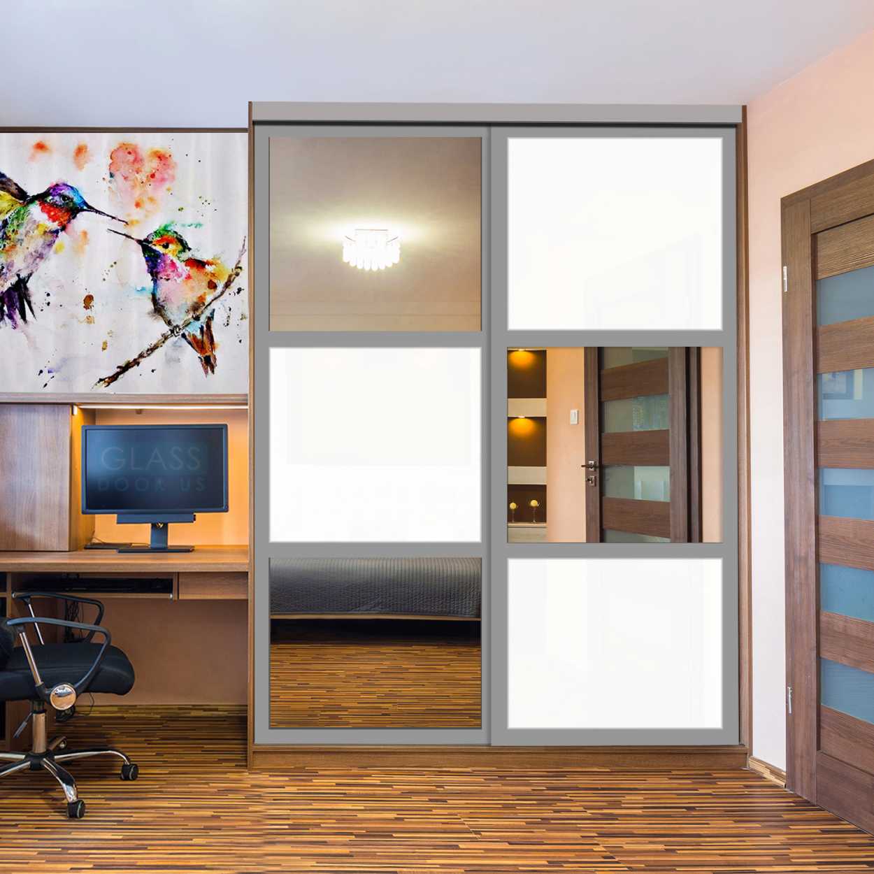 Puerta De Armario Con Vidrio Pintado Blanco Y Espejo Insertado 2 Paneles BMSC-1179