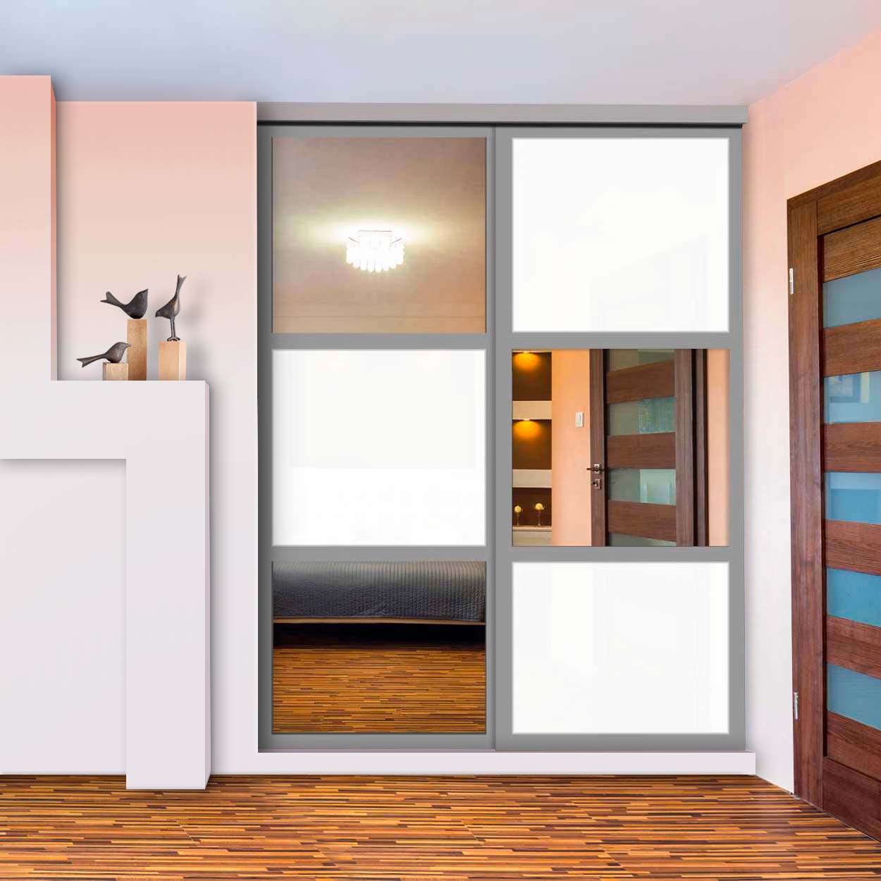 Puerta De Clóset Con 2 Paneles - Blanco y Vidrio Pintado Espejo BMSC-1181