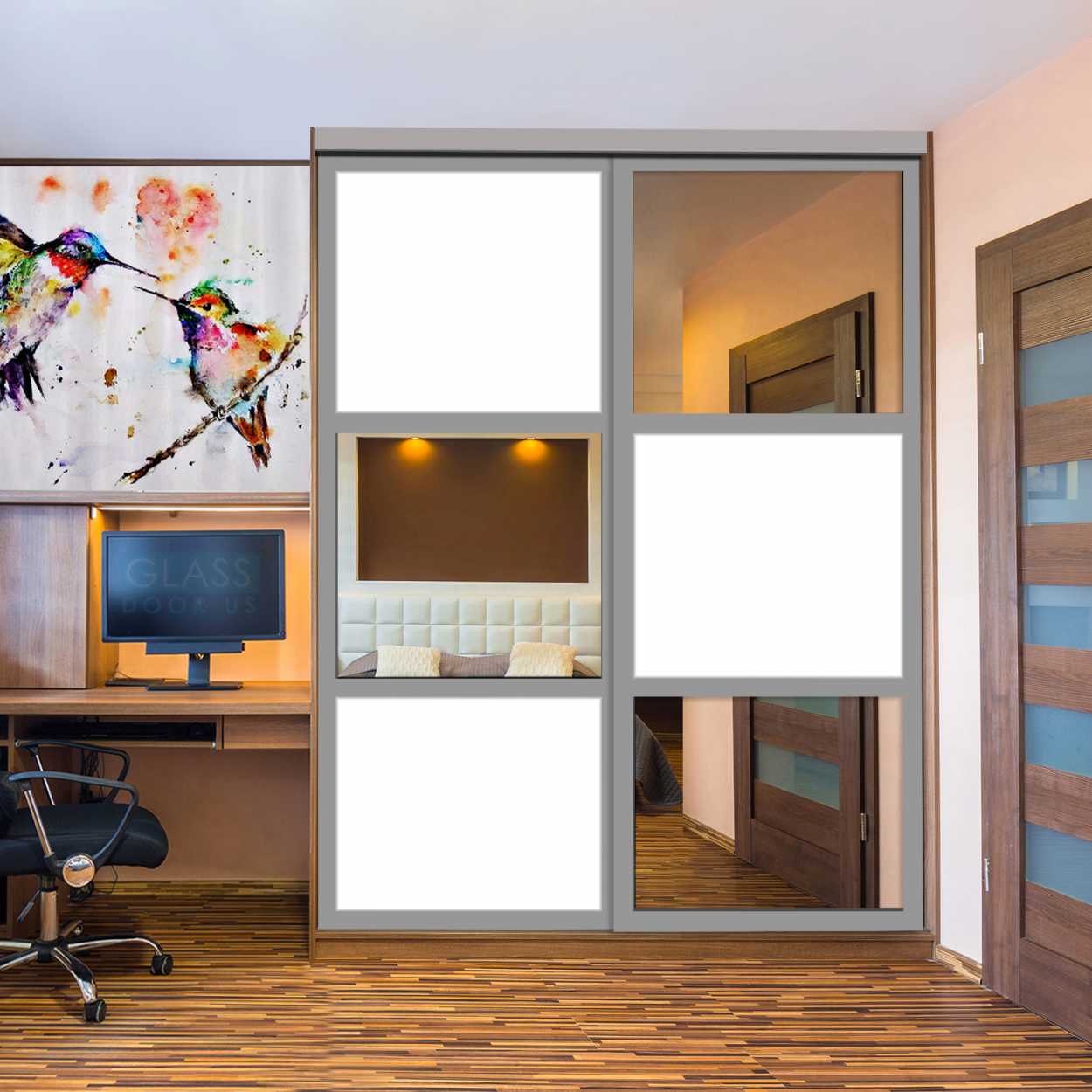 Puerta De Armario Con Vidrio Pintado Blanco Y Espejo Insertado 2 Paneles BMSC-1179