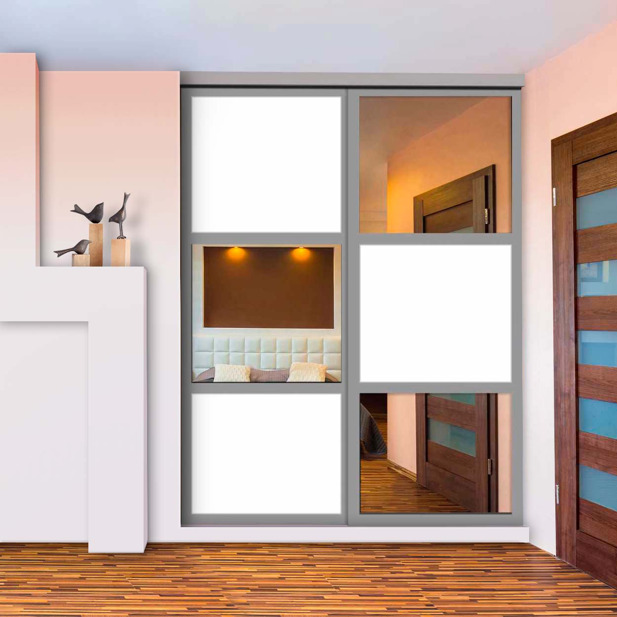 Puerta De Clóset Con 2 Paneles - Blanco y Vidrio Pintado Espejo BMSC-1181