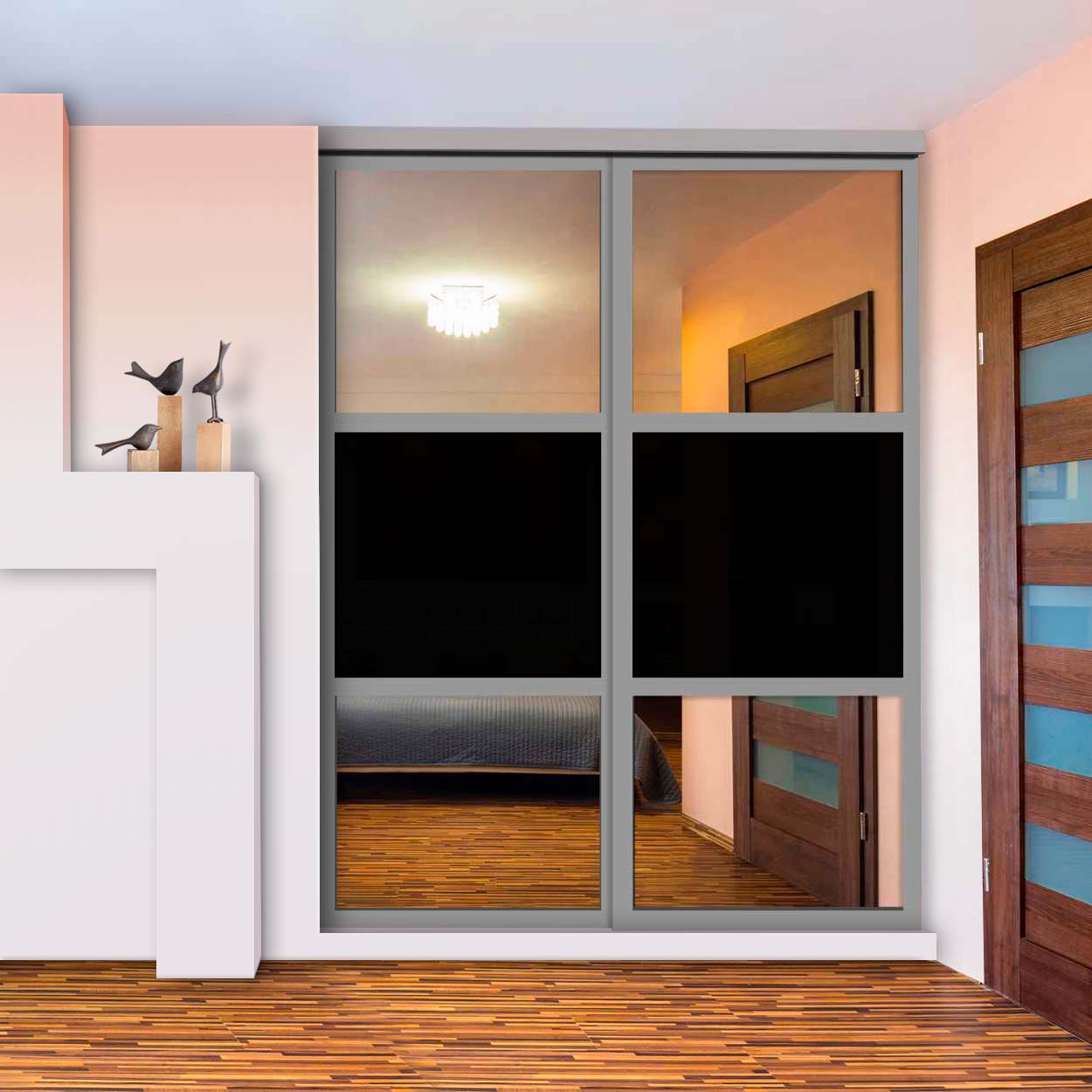 Puerta De Closet  Con 2 Paneles - Vidrio Pintado Negro Y Espejo BMSC-2137