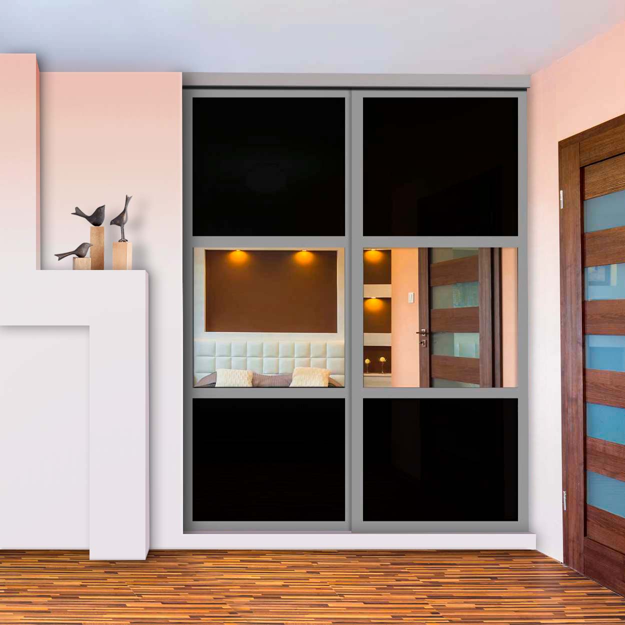 Puerta De Closet  Con 2 Paneles - Vidrio Pintado Negro Y Espejo BMSC-2137