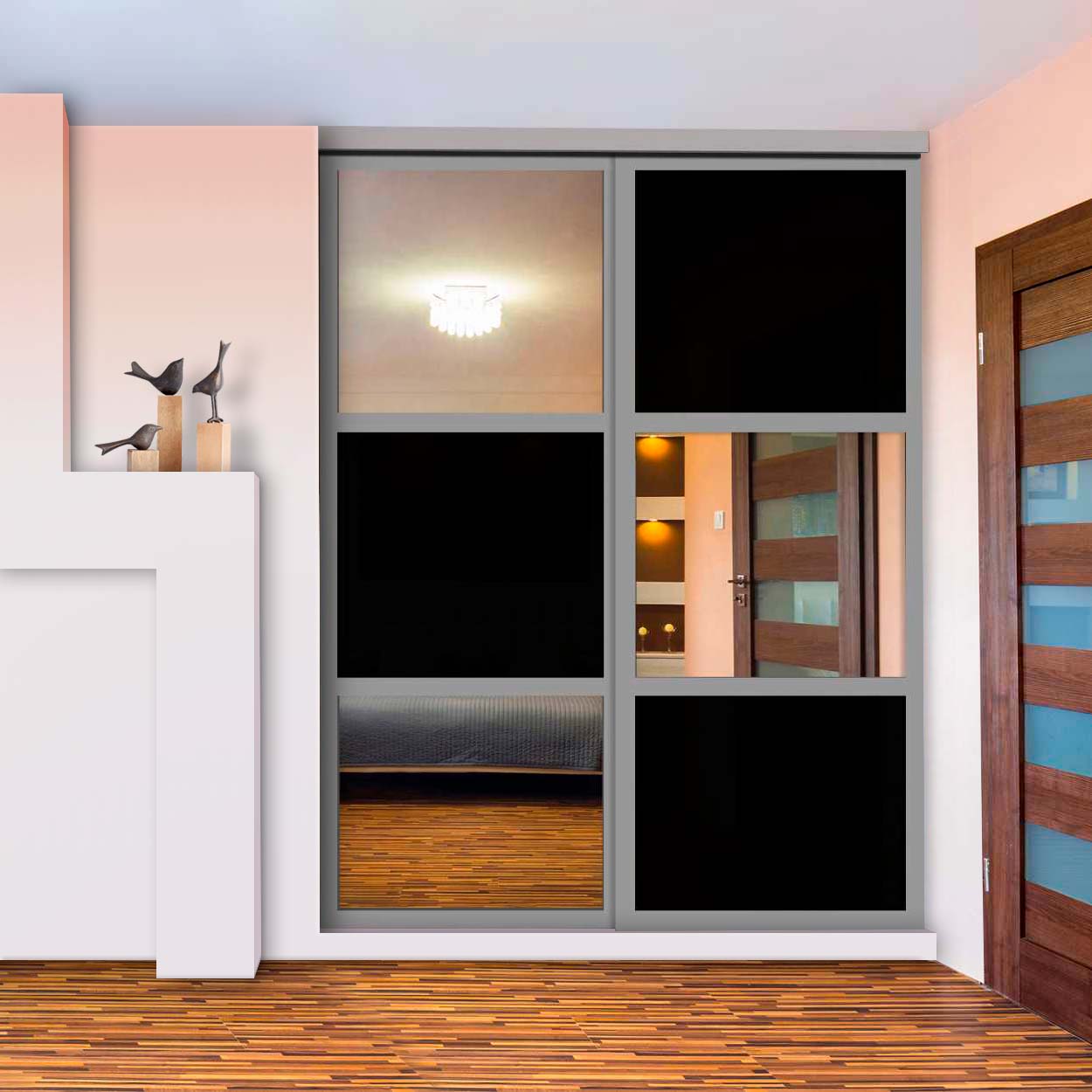 Puerta De Closet  Con 2 Paneles - Vidrio Pintado Negro Y Espejo BMSC-2137