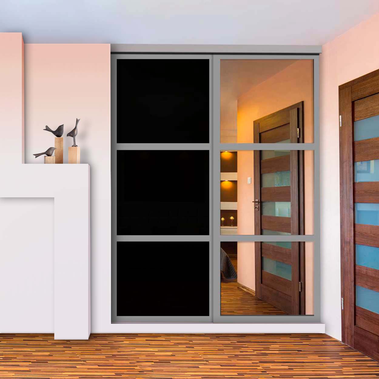 Puerta De Closet  Con 2 Paneles - Vidrio Pintado Negro Y Espejo BMSC-2137