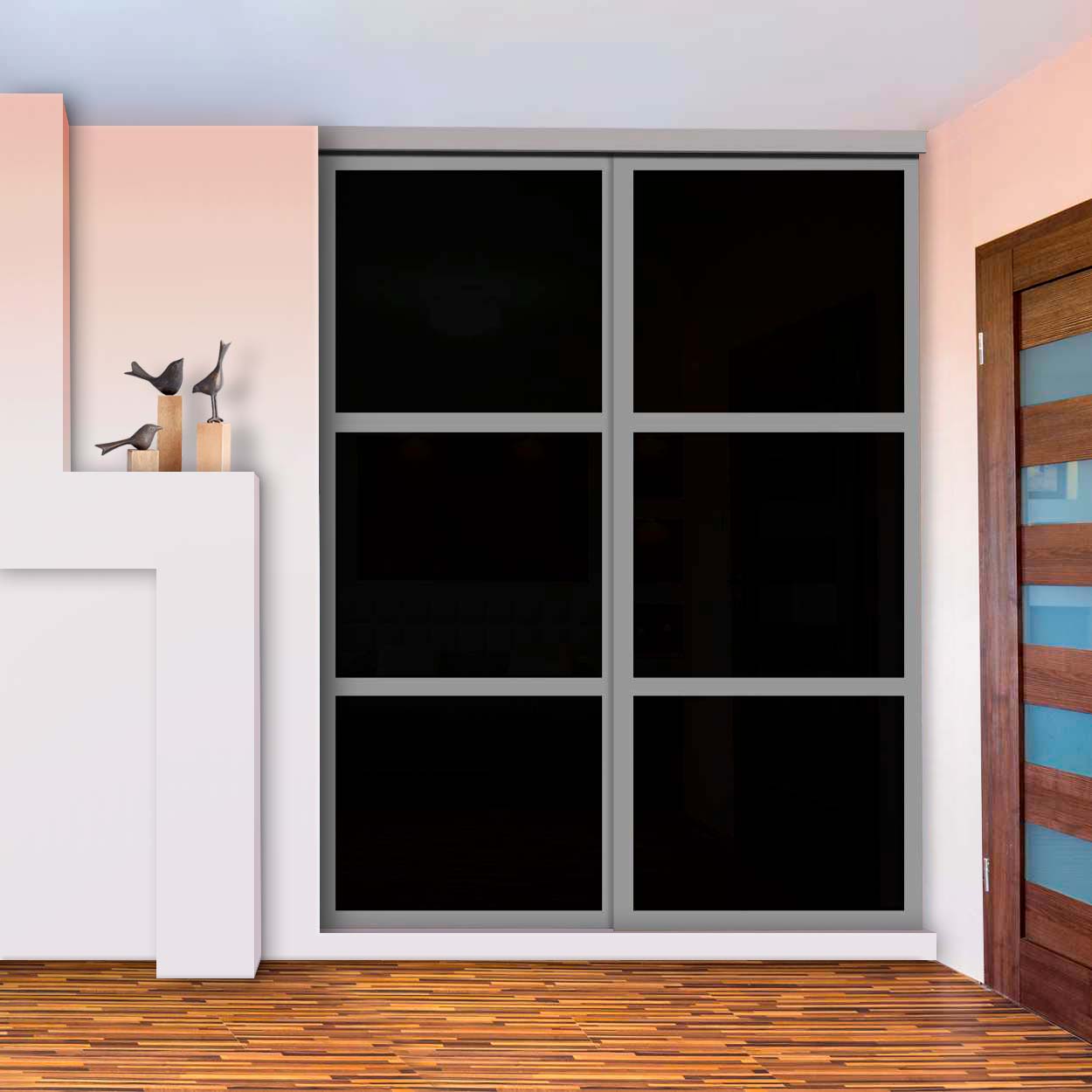 Puerta De Closet  Con 2 Paneles - Vidrio Pintado Negro Y Espejo BMSC-2137