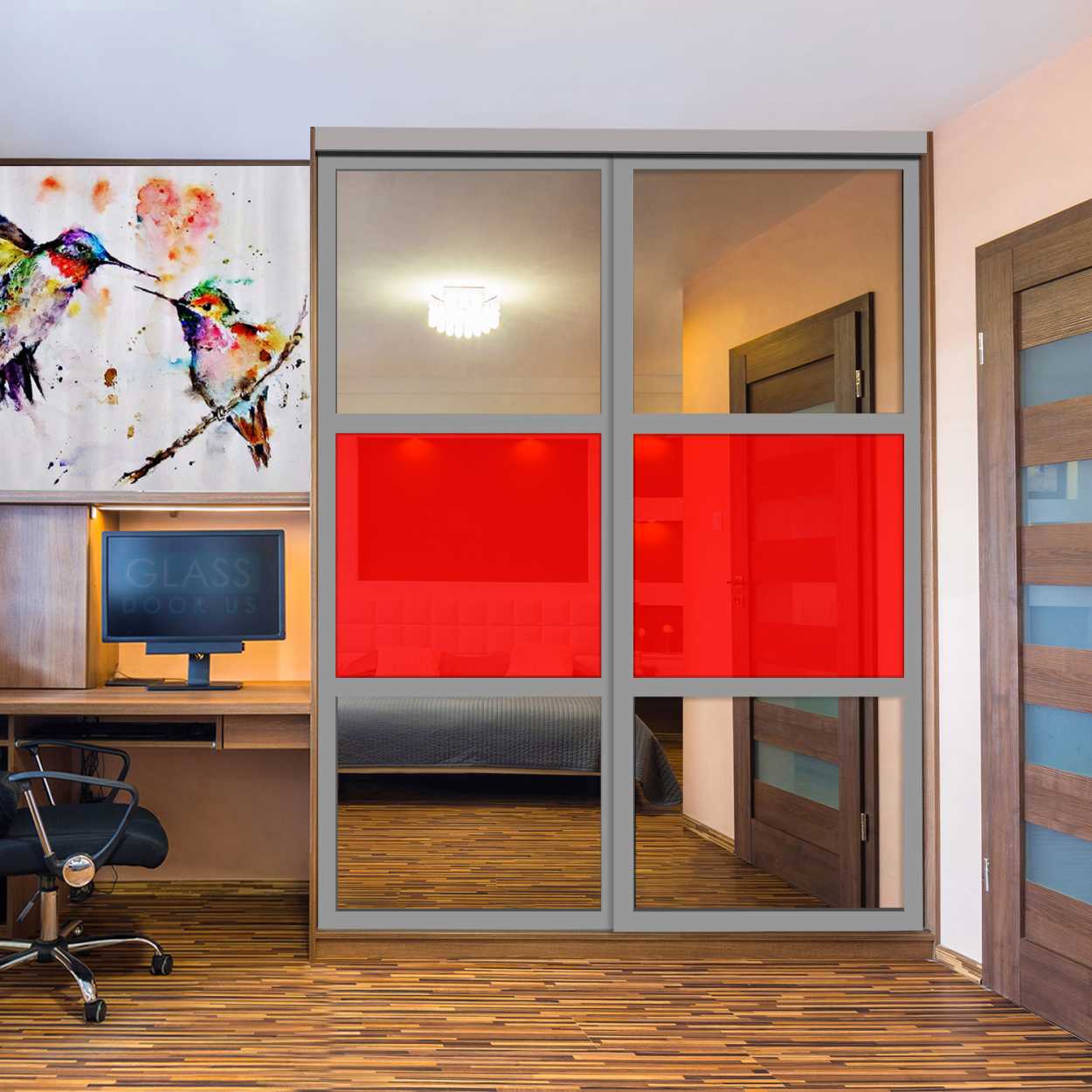 Puerta De Armario Con Vidrio Pintado Rojo Y Espejo Insertado 2 Paneles BMSC -1178