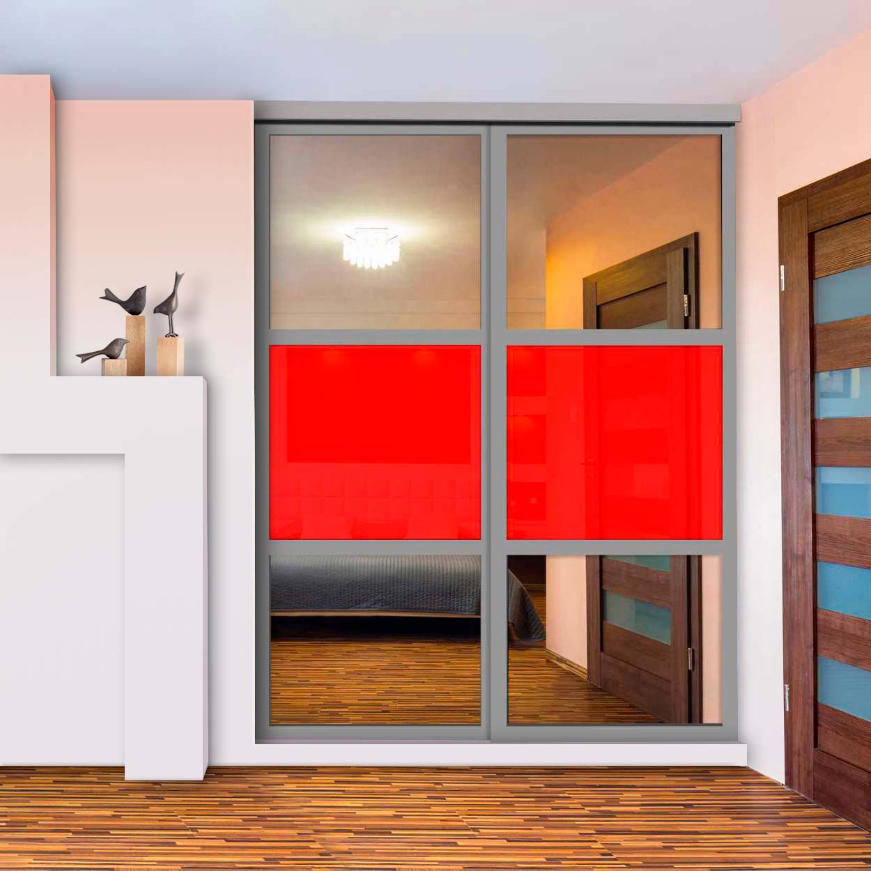 Puerta De Clóset De 2 Hojas - Vidrio Pintado Rojo y Espejo BMSC-1363