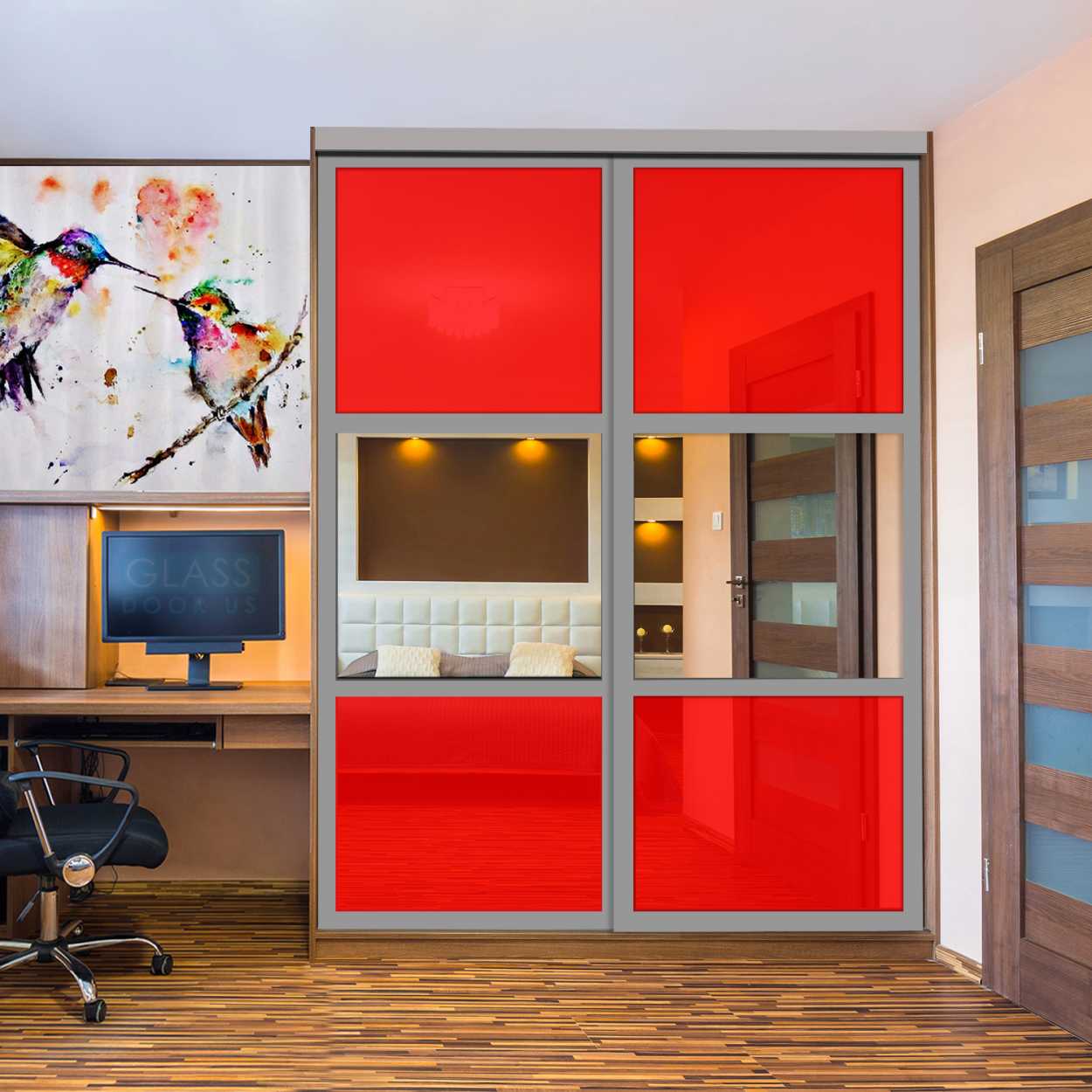 Puerta De Armario Con Vidrio Pintado Rojo Y Espejo Insertado 2 Paneles BMSC -1178