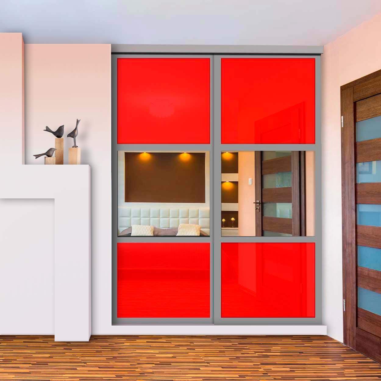 Puerta De Clóset De 2 Hojas - Vidrio Pintado Rojo y Espejo BMSC-1363