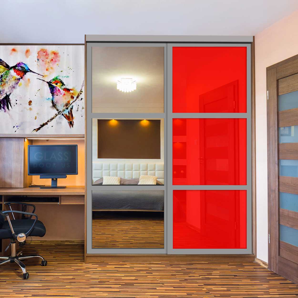 Puerta De Armario Con Vidrio Pintado Rojo Y Espejo Insertado 2 Paneles BMSC -1178