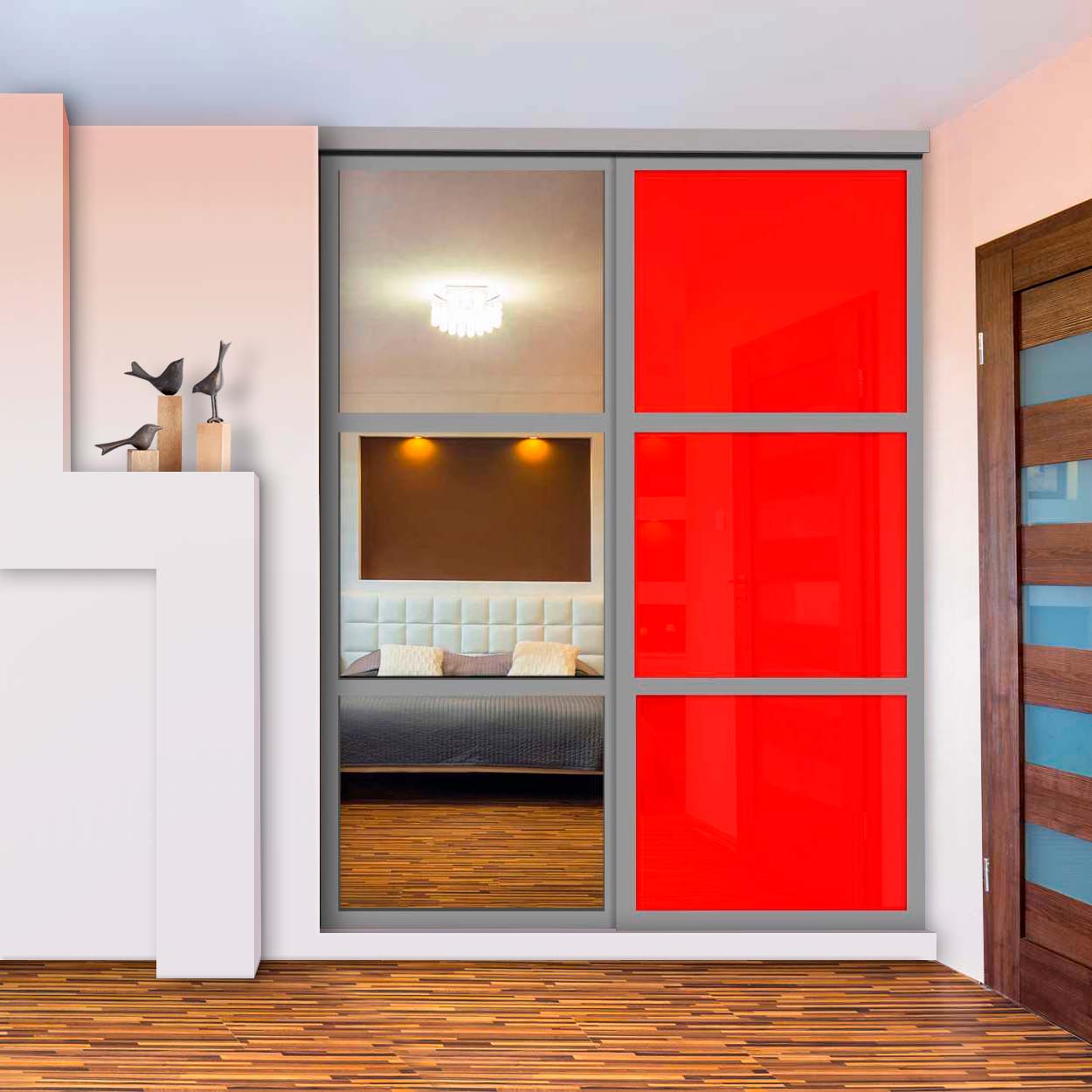 Puerta De Clóset De 2 Hojas - Vidrio Pintado Rojo y Espejo BMSC-1363