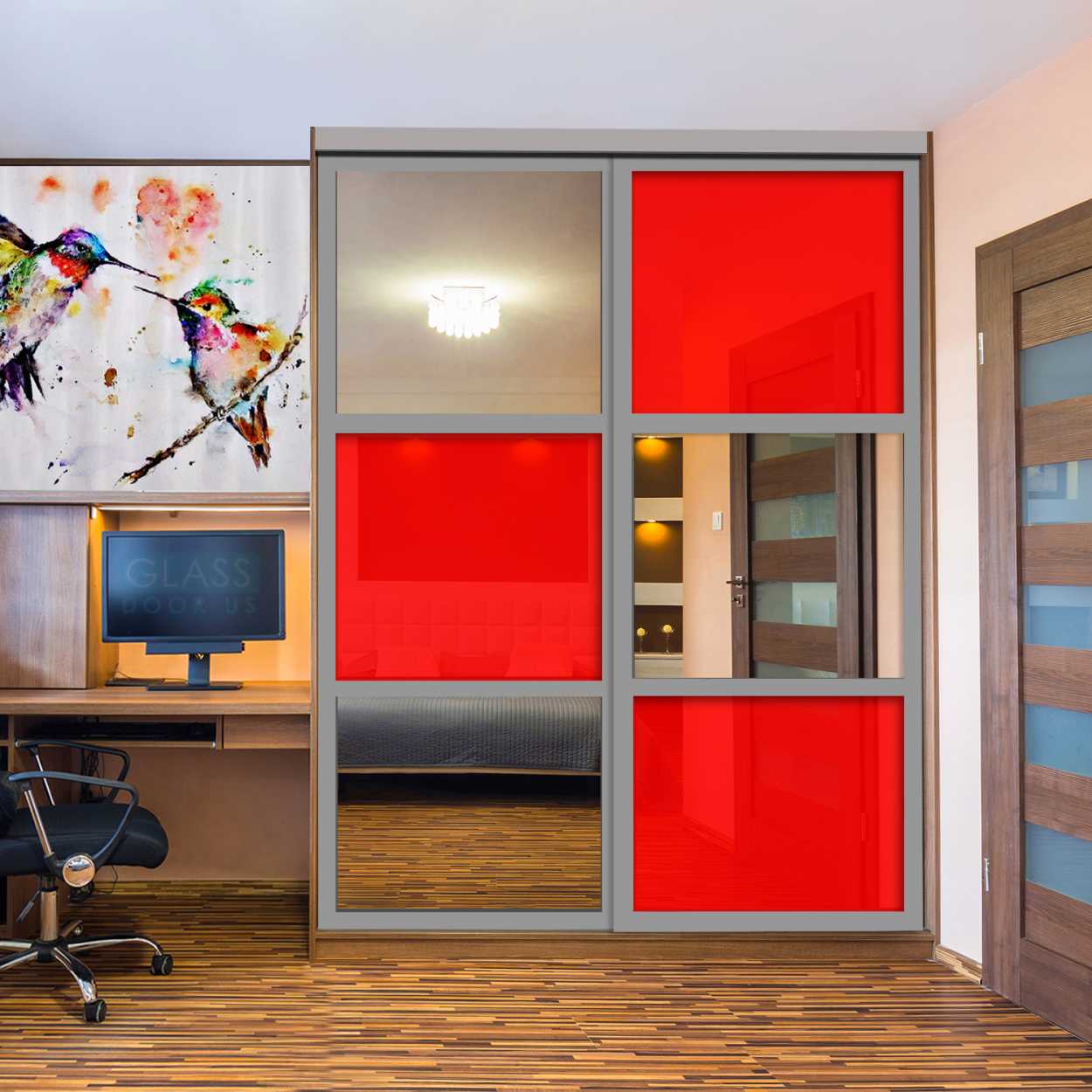 Puerta De Armario Con Vidrio Pintado Rojo Y Espejo Insertado 2 Paneles BMSC -1178