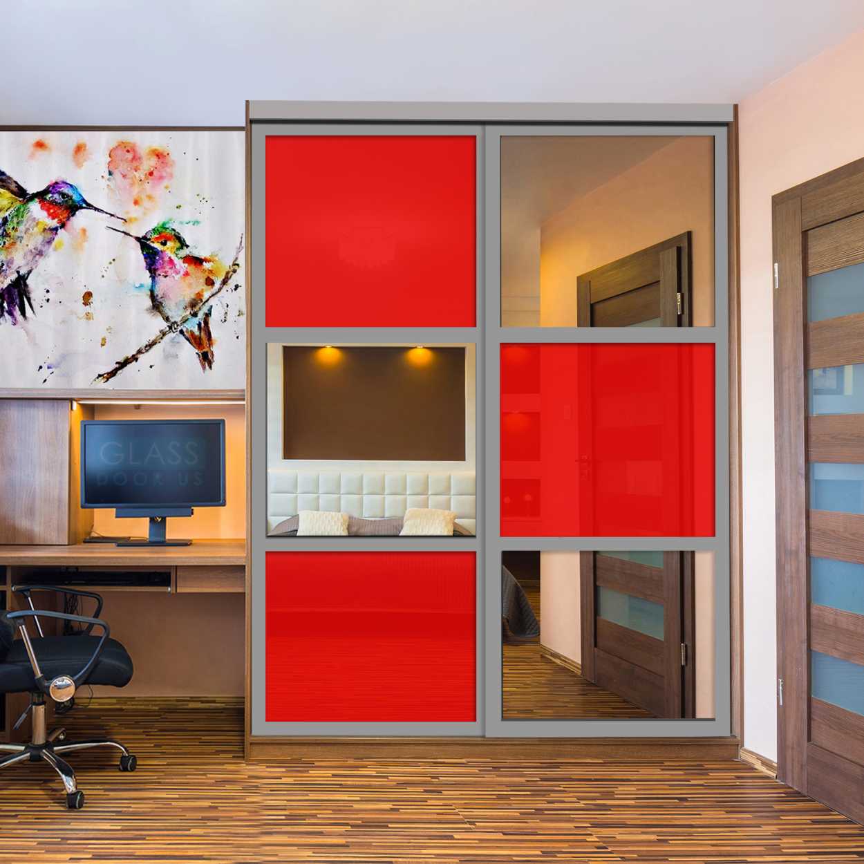 Puerta De Armario Con Vidrio Pintado Rojo Y Espejo Insertado 2 Paneles BMSC -1178