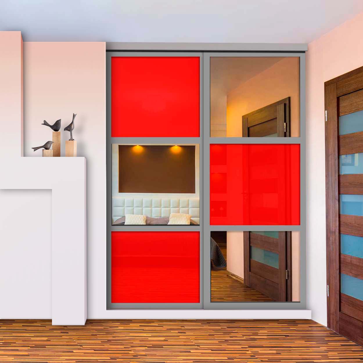 Puerta De Clóset De 2 Hojas - Vidrio Pintado Rojo y Espejo BMSC-1363