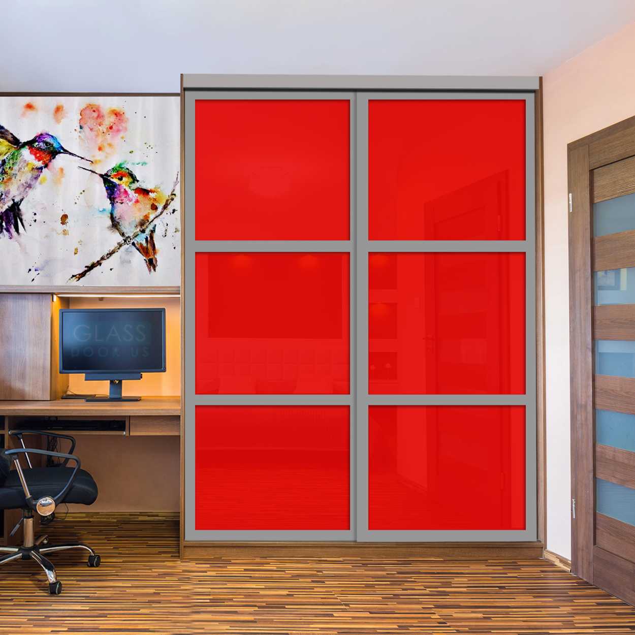 Puerta De Armario Con Vidrio Pintado Rojo Y Espejo Insertado 2 Paneles BMSC -1178