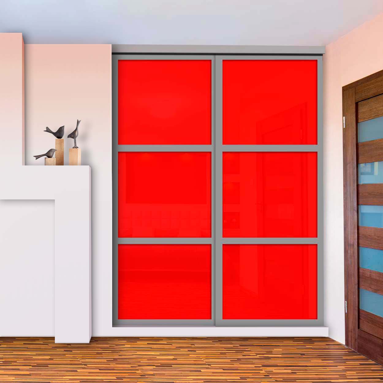 Puerta De Clóset De 2 Hojas - Vidrio Pintado Rojo y Espejo BMSC-1363