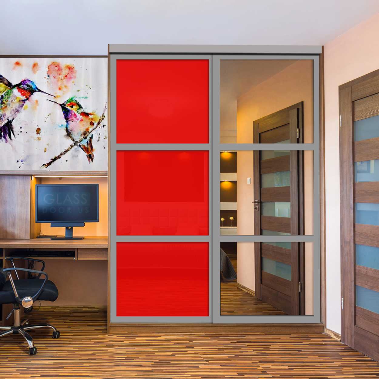 Puerta De Armario Con Vidrio Pintado Rojo Y Espejo Insertado 2 Paneles BMSC -1178