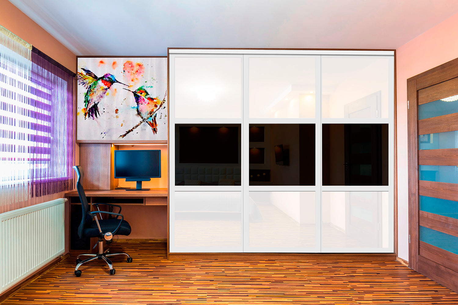 Puerta de clóset de 3 hojas - Cristal pintado en blanco y negro