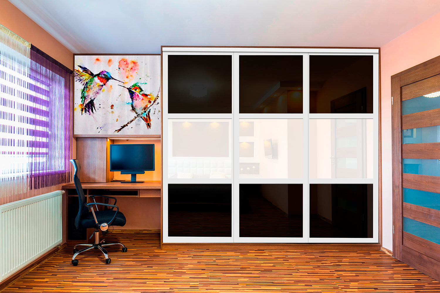 Puerta de clóset de 3 hojas - Cristal pintado en blanco y negro