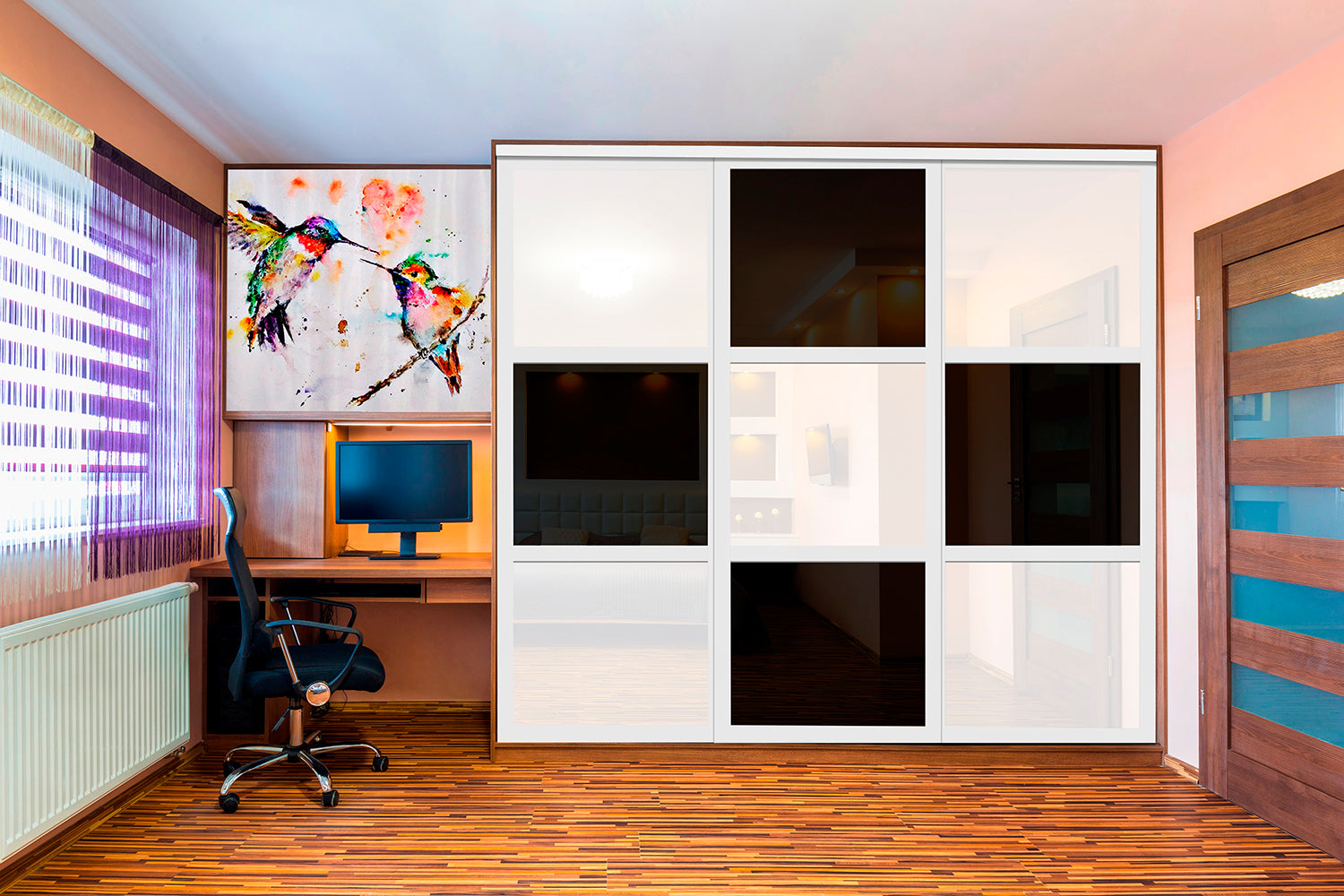 Puerta de clóset de 3 hojas - Cristal pintado en blanco y negro