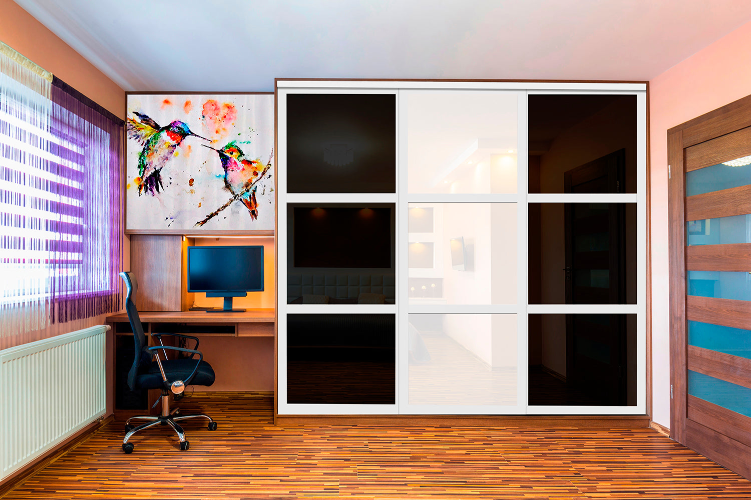 Puerta de clóset de 3 hojas - Cristal pintado en blanco y negro