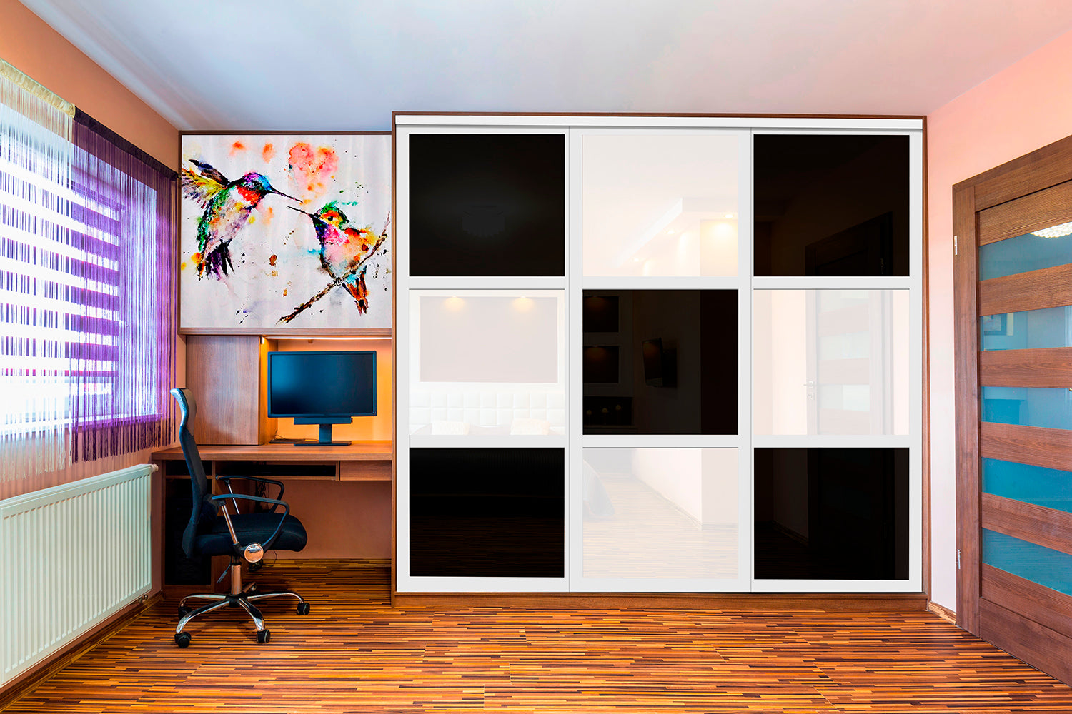 Puerta de clóset de 3 hojas - Cristal pintado en blanco y negro