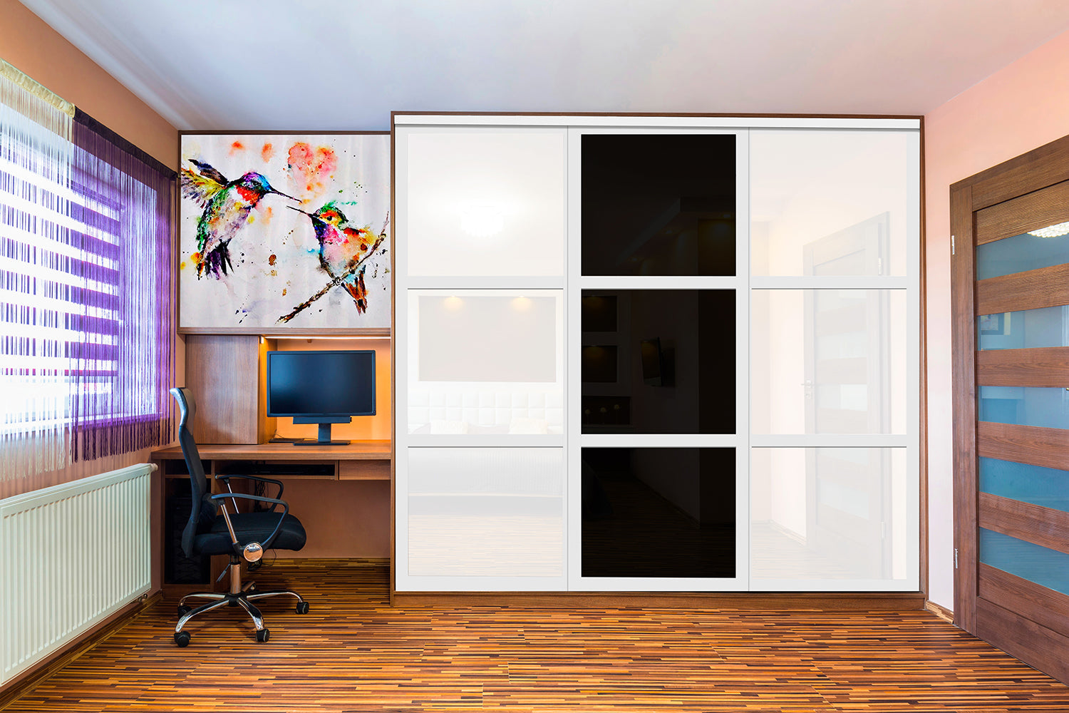 Puerta de clóset de 3 hojas - Cristal pintado en blanco y negro